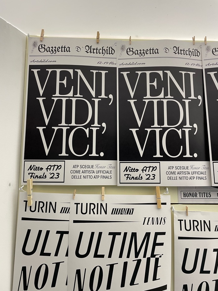 The newspaper-like masthead uses  Bold. The big text is set in .  is used for the date and URL. The smaller texts are set in a combination of ITC Avant Garde Gothic and . The script used for Honor Titus’ name is .