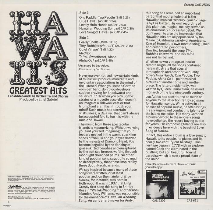 Leo Addeo and His Orchestra – Hawaii’s Greatest Hits album art 3