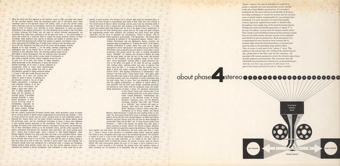The gatefold has the liner notes set in  Condensed, with the numeral 4 shown in negative. The text about Phase 4 Stereo on the right uses . Lowercase  serves for the heading.