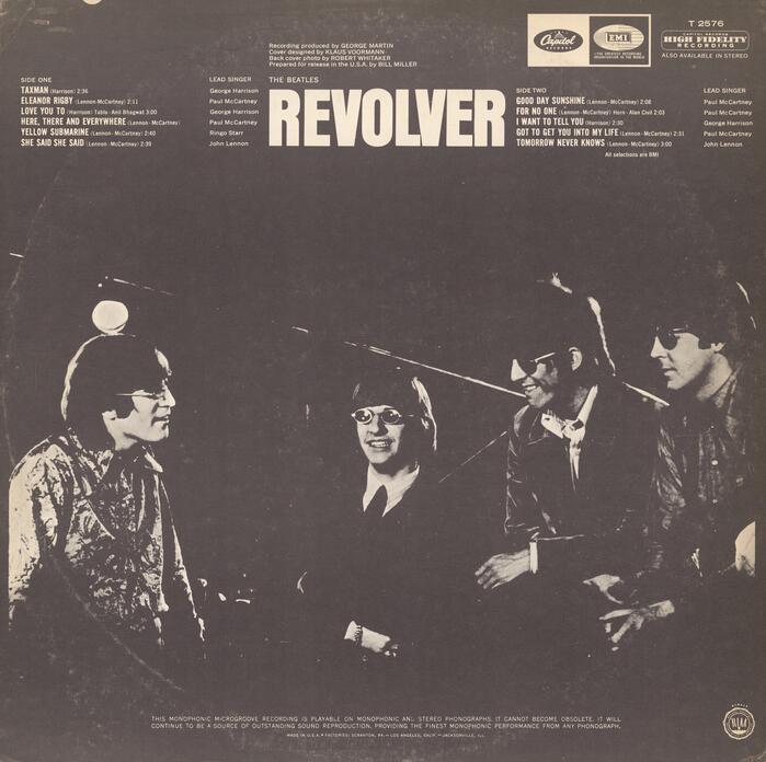 Back cover of the US release by Capitol Records (T 2576). For the North American market, Revolver was reduced to eleven songs, with the omitted three appearing on the June 1966 LP Yesterday and Today. The title isn’t set in Placard, but in the similar . The small bits use various styles from the  series.