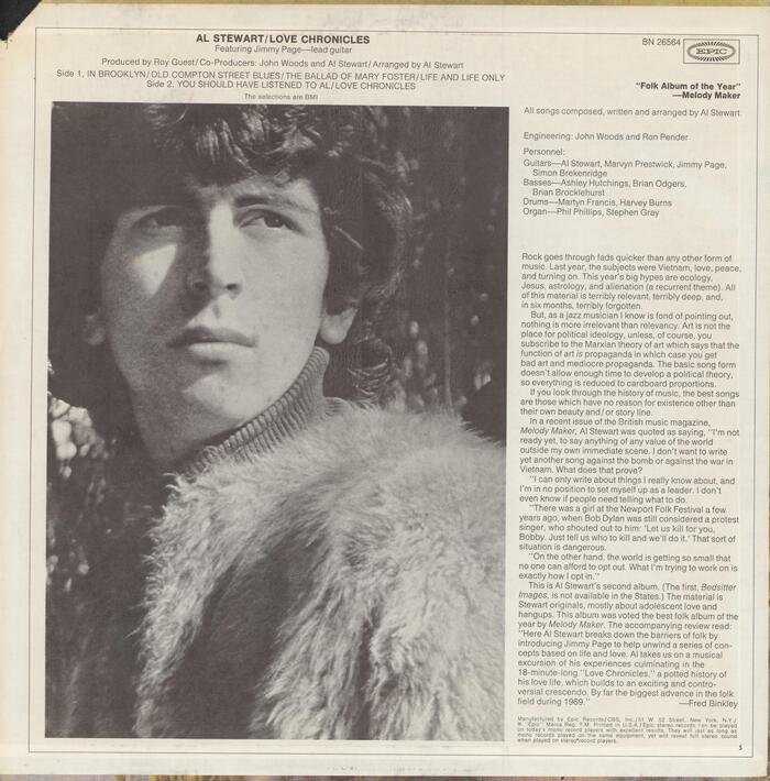 The photograph of Stewart in a fur coat that featured on the front cover of the CBS release was relegated to the back and printed in black, next to the liner notes by Fred Binkley.