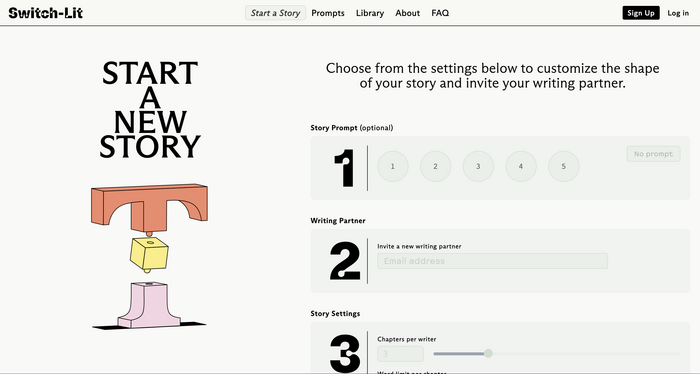 “Start a New Story” page with the animated T