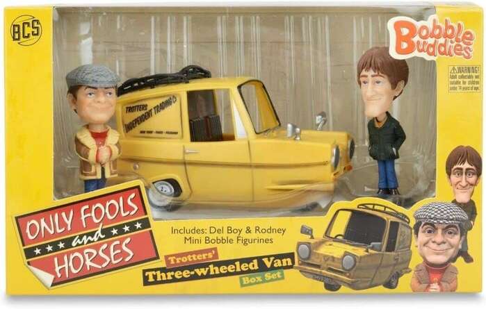 Only Fools and Horses Bobble Buddies box set with the Trotters’s three-wheeled Reliant Regal van. Fonts used on the packaging include  and .
