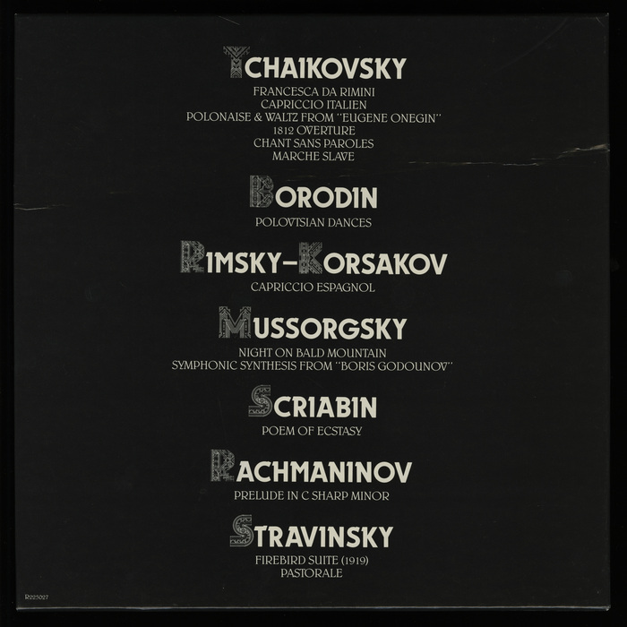 Back of the box. Composer names are in all-caps Dynamo Medium, with initials from Green Buzzard C. The titles are set in , which is distinguished from Letraset’s  by a number of design details, including the wavy A bar, an S without top serif, and a flat-roofed T. There are more differences in the lowercase.