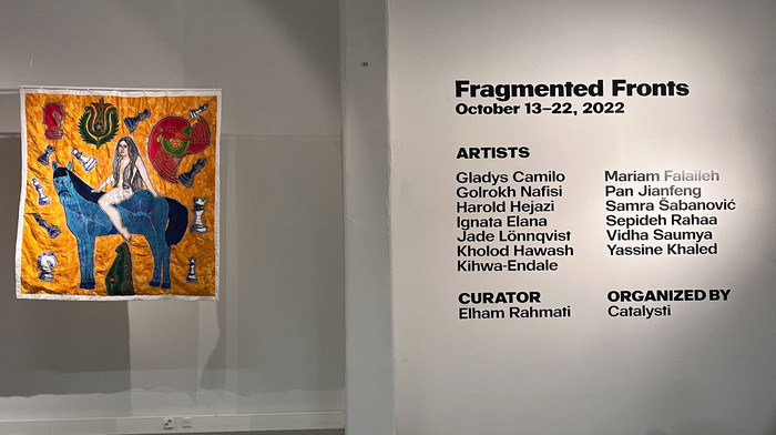 Fragmented Front Exhibition, Catalysti. Left artwork by Kholod Hawash. PoW Alara for signage.