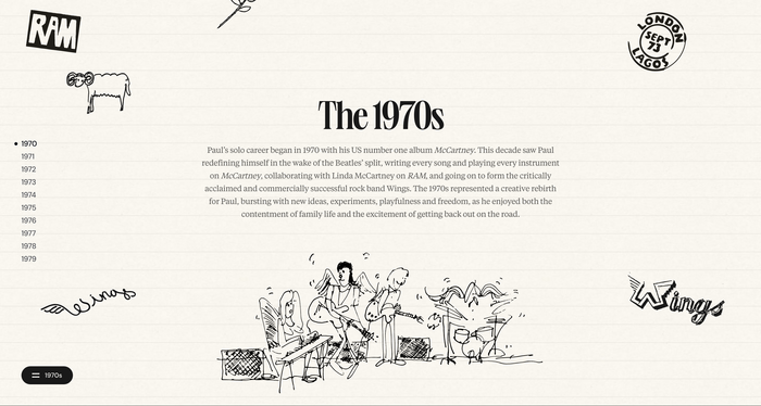 Detail from the timeline page for the 1970s, with  for the headline,  for text, and  for the navigation