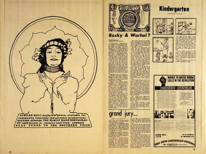 Spread with pages 18 and 19, with  (left) and headlines in  Bold Oblique (or maybe  Black Italic) for “Rocky &amp; Warhol?”,  for “grand jury”, and an unidentified face for “Kindergarten”.