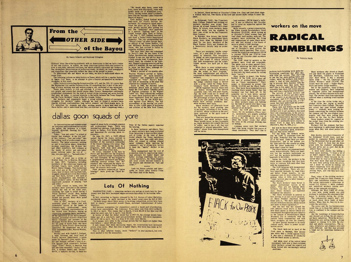 Spread with pages 6 and 7,  (top left) and the Light weight of  (“dallas goon squads of yore”).