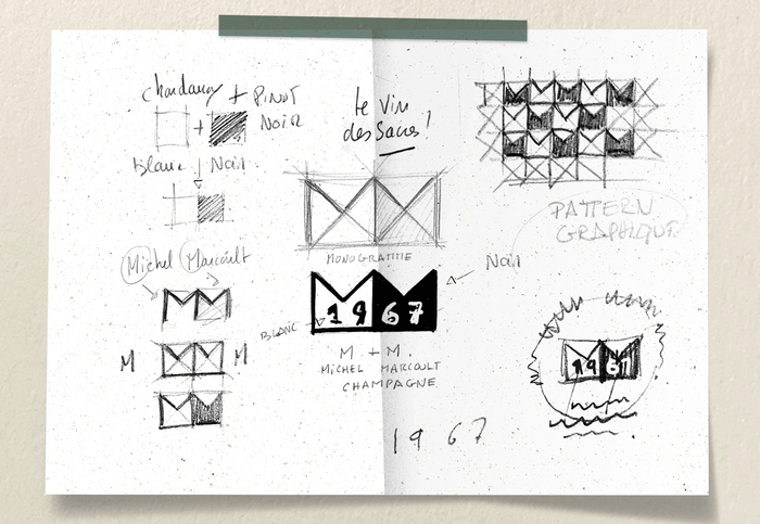 Sketches by Camille Gabarra for the development of the logo and the pattern from two M shapes.