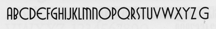 Queen as shown in a Typeshop specimen from around 1977, with slightly different details, see for example the narrower A, the smaller lower bowl in B, the shorter arm in F, and the M and N without flat top. The glyph repertoire is caps-only, with an alternate form for G.