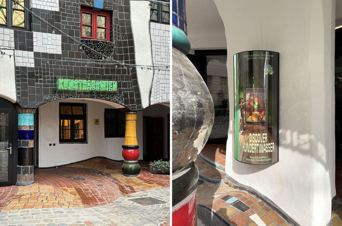 New neon signs and a custom poster display invite visitors at both entrances to the museum.