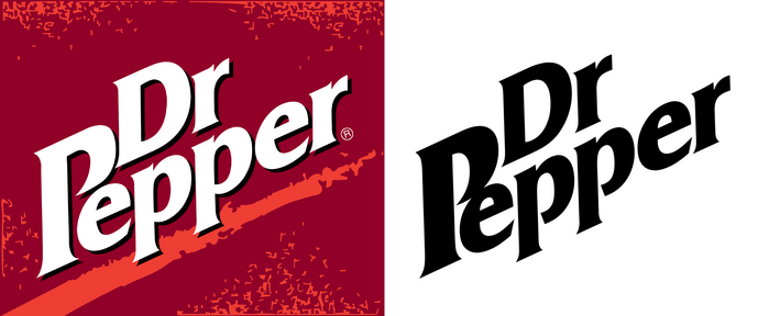 The Dr Pepper logo (left) compared to a resetting in Friz Quadrata Bold (Bitstream’s digitization), slanted by 23 degrees, with letterforms stretched to 103% of their width and tightened spacing, and a scaled up initial P (with unadjusted bowl).