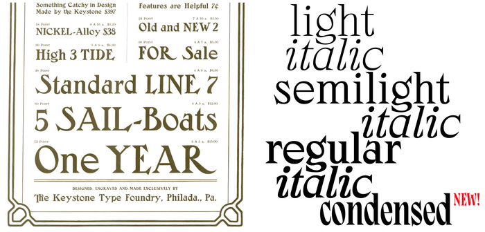 Left: , as advertised in the Inland Printer, Vol. 28, No. 2 (November, 1901). Right: Daria Cohen&rsquo;s reinterpretation,  (2018), with additional weights, italics, and condensed (2021).