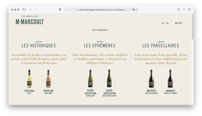 Detail from the Champagne M. Marcoult website featuring Spectral Italic and Trade Gothic