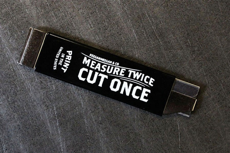 “Measure Twice, Cut Once” box cutter - Fonts In Use