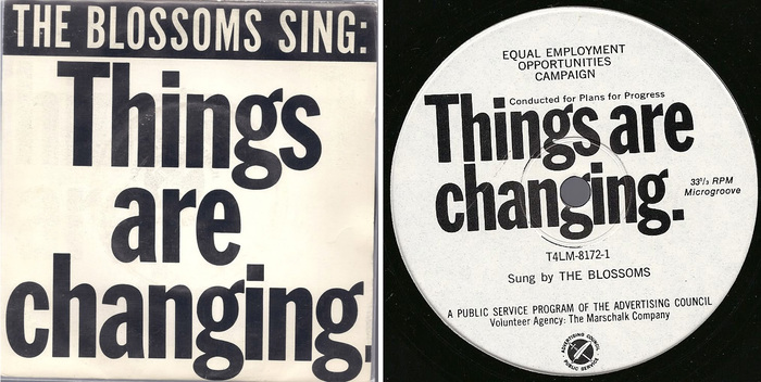 Sleeve and label for the single, Things are changing, by The Blossoms in 1965. Top line set in Alternate Gothic.