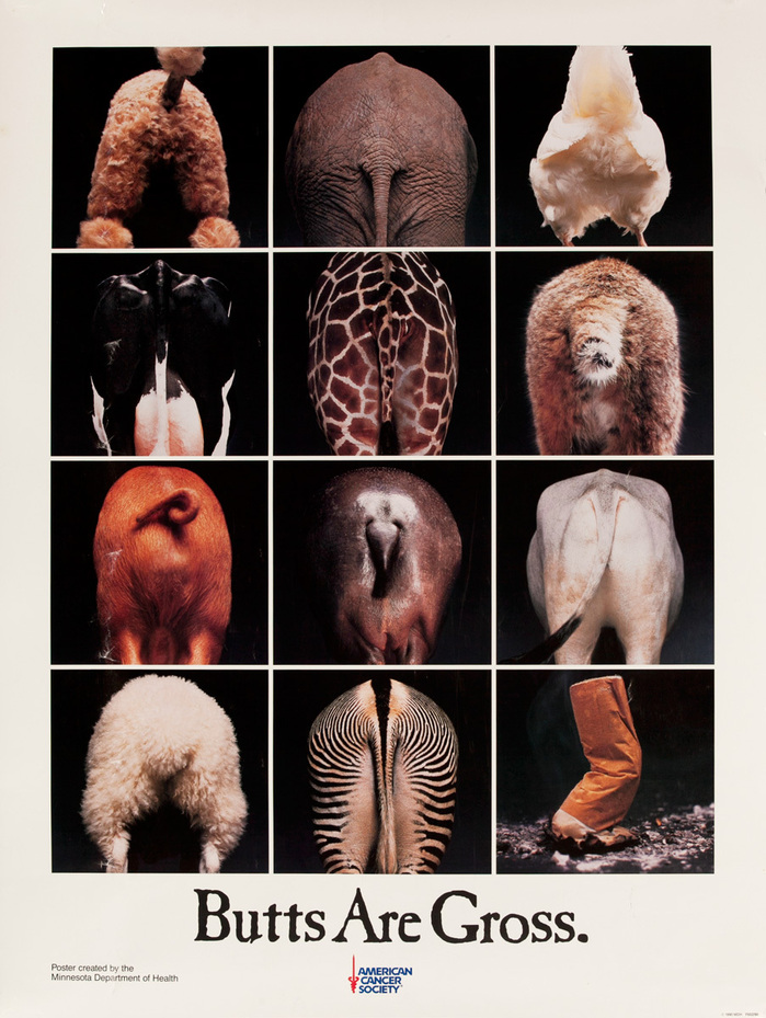 “Butts Are Gross.” poster (17½″×25″). This printing includes the logo of the American Cancer Society. This trademarked slogan was likewise first used in August 1990.