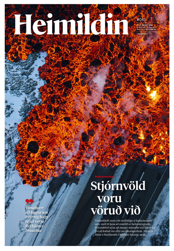 “The government was warned” – when the situation in the area around Grindavík got more serious after the eruption on 8 February 2024, Heimildin deviated from the standard layout for issue 041 and placed the logo on top of the ominous photograph.