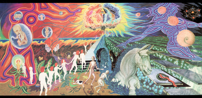Inside of the gatefold sleeve, painting by Erik van der Weijden.