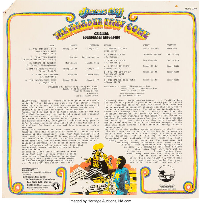 Back cover of the soundtrack album (Mango Records, 1973). Most text is produced on a typewriter, making use of double spacing and several ellipses to justify the last paragraph. “Original Soundtrack Recording” is in unmodified Bottleneck. Credits are set in  Condensed and .