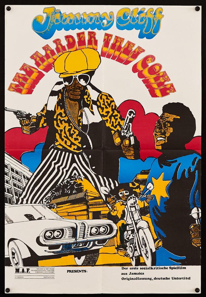 German poster (24.25″×16.5″) for a 1980 re-release by Melody &amp; Art Films, featuring a coarser copy of the original art, with a simpler color scheme – which extends to the lettering. The text added at the bottom uses the upright style of , apparently applied as rub-down type.