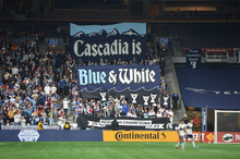 “Cascadia is Blue &amp; White” tifo by Vancouver Southsiders