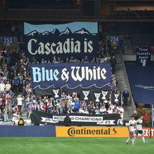 “Cascadia is Blue &amp; White” tifo by Vancouver Southsiders