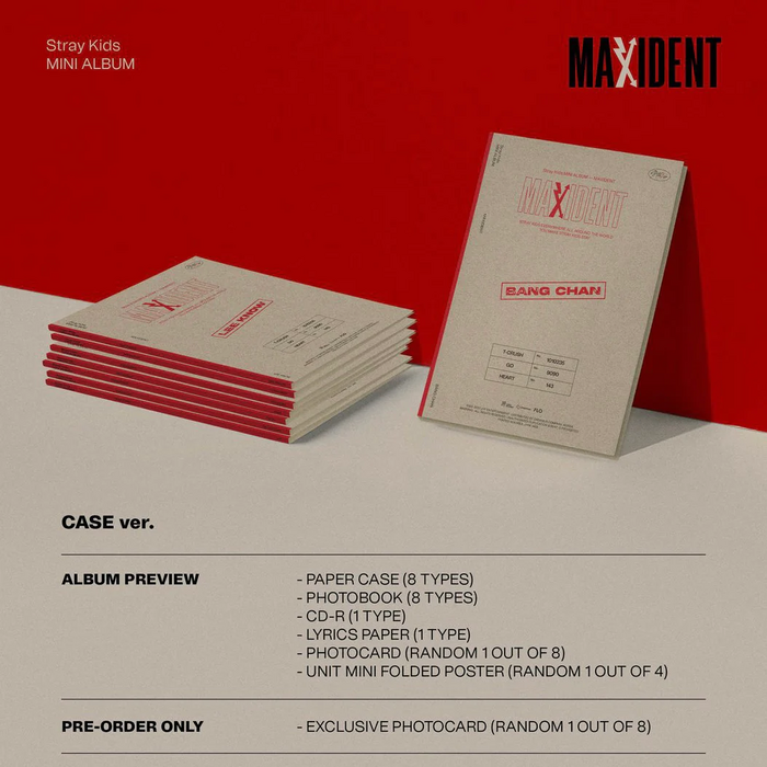 The fourth version, Case version, uses a different color scheme, switching the Pink and Grey colors for Red and Ivory colors. This version consists of eight different types for each of the eight Stray Kids members.