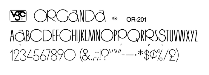 The medium weight of Organda, with alternates, as shown in VGC Alphabet Library, 14th ed., 1988.