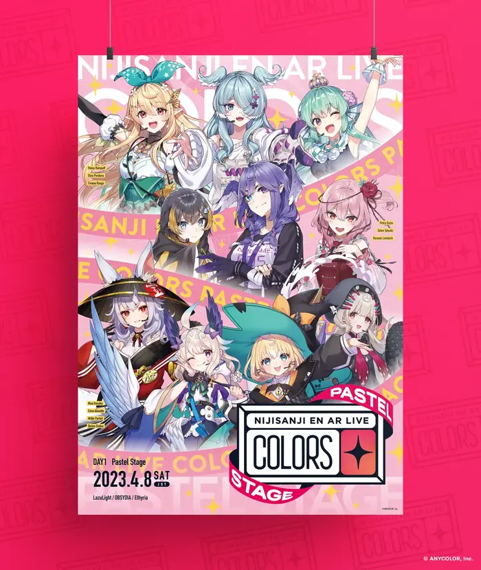 The promotional poster for the Pastel Stage, featuring the participating female members of NIJISANJI EN. The ribbon with the text “Pastel Stage” set in Termina is wrapped around the event’s main logo. The poster features a bold weight of Brandon Grotesque. Other than that, the members' names and concert date are set in DIN Engschrift.