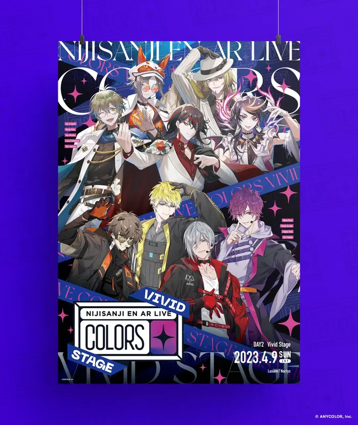 The promotional poster for the Vivid Stage, featuring the participating male members of NIJISANJI EN. The “VIVID STAGE” label, set in Neue Machina, is placed over the event’s main logo. The serif at the top is . Once again, the members' names and concert date are set in DIN Engschrift.