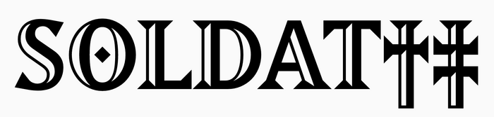 The final letter in “SOLDAT” is custom made. For comparison, the glyphs for T, dagger (†), and double dagger (‡) as included in Matrix II Inline Extra Bold.