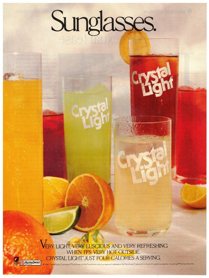 Glasses with the Crystal Light logo in a 1990 advert