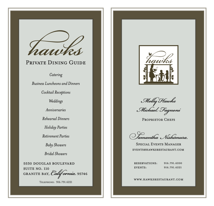 Front and back cover of the Hawks Private Dining Guide. The typeface used alongside Bickham Script is ’s  in roman small caps and italics.