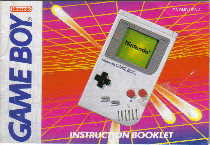 Cover of the instruction booklet for the original Game Boy. The white line at the bottom is  in bold italic caps.