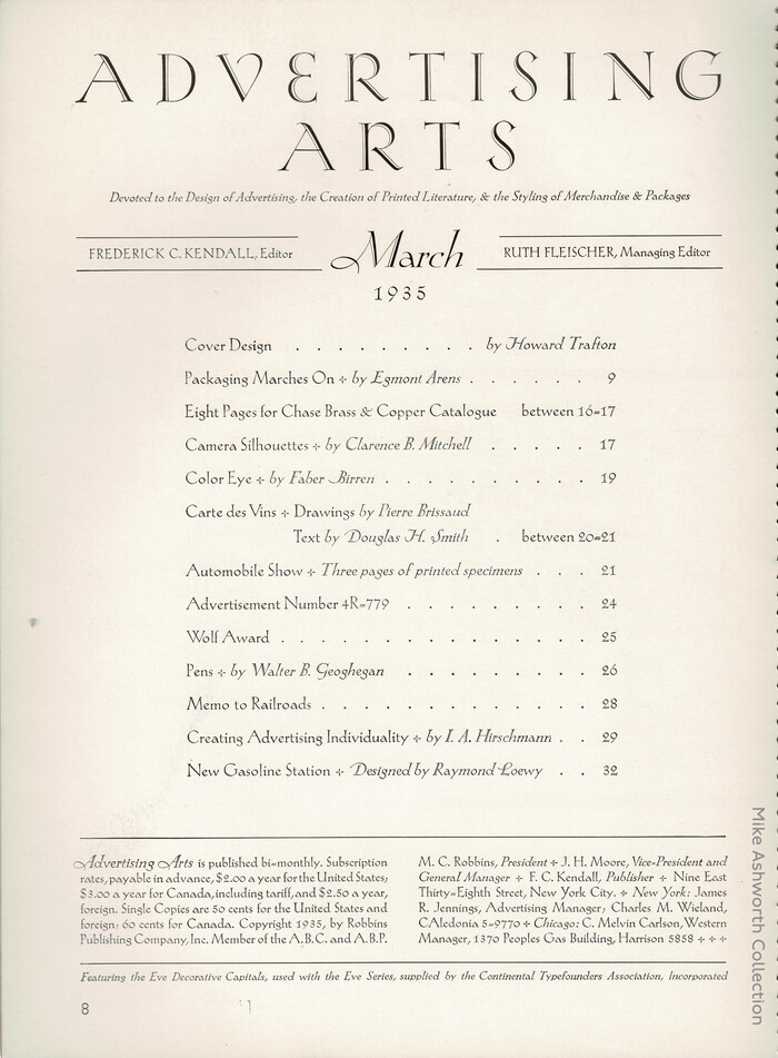 The title page is set in the Eve typeface series, including Eve Decorative Capitals, that had been supplied by Continental Typefounders Association Inc. Eve was the American title for Koch-Antiqua issued by Gebr. Klingspor.