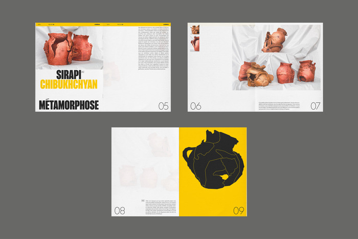 Pages 4 to 9 of the booklet, with the part that present the project Métamorphose made by the ceramist artiste Sirapi Chibukchyan