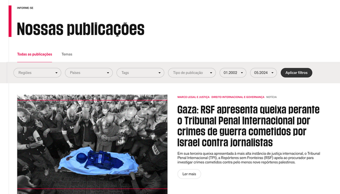 Publication overview on the Portuguese language version of the website