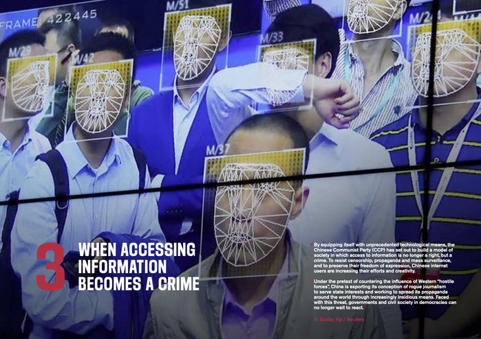 Spread from The Great Leap Backwards of Journalism in China (2021). Publication design by Modular Agency.