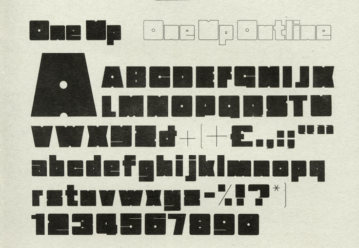 One Up as shown in Photoscript’s Catalogue of Some Art Nouveau and Ornate Typefaces, 1967 (page 23, detail)