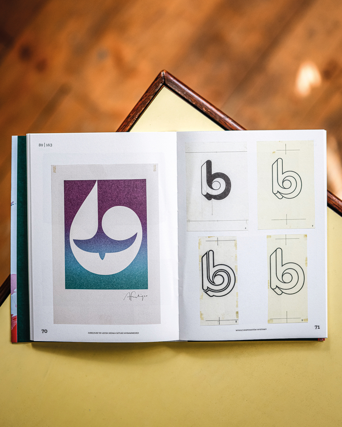 On the right: original art for ’s eponymous typeface, .