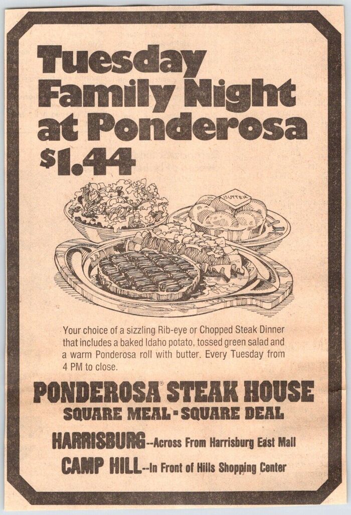 “Tuesday Family Night” newspaper ad, 1975, ft.  and 