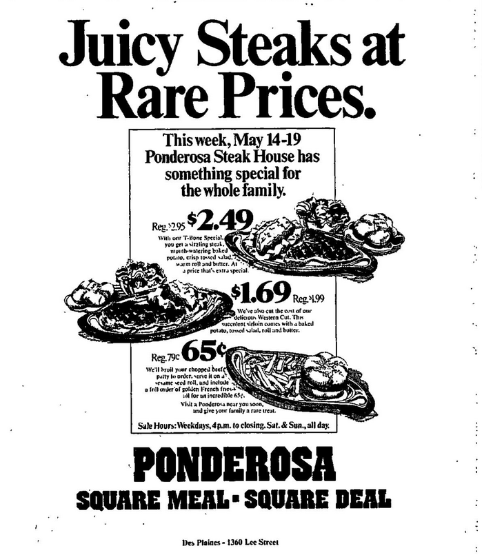 “Juicy Steaks at Rare Prices” newspaper ad, May 1975, ft. 
