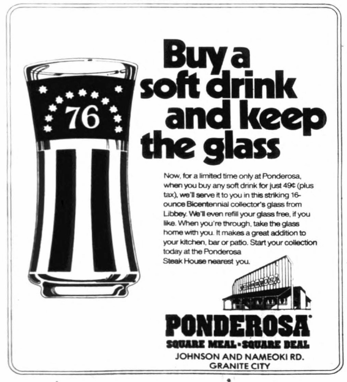 “Buy a soft drink and keep the glass” newspaper ad, June 1976, ft. 