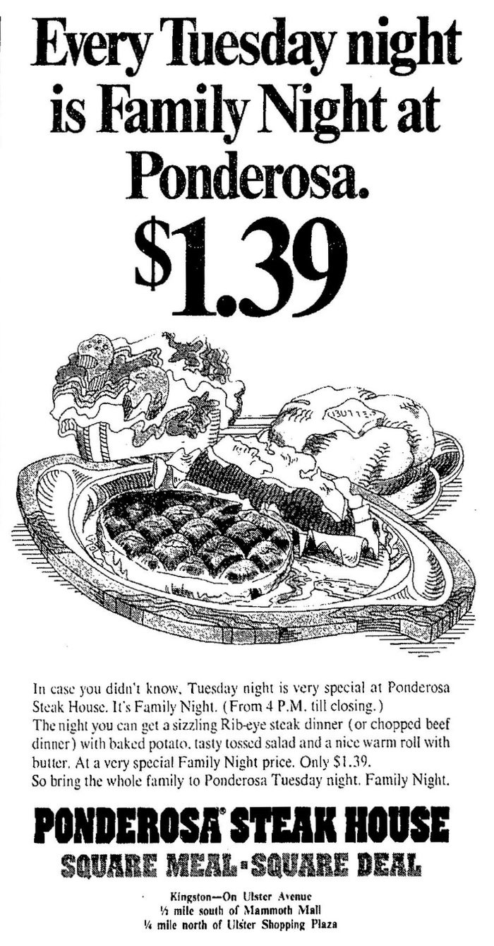 &ldquo;Every Tuesday night is Family Night&rdquo; newspaper ad, October 1975