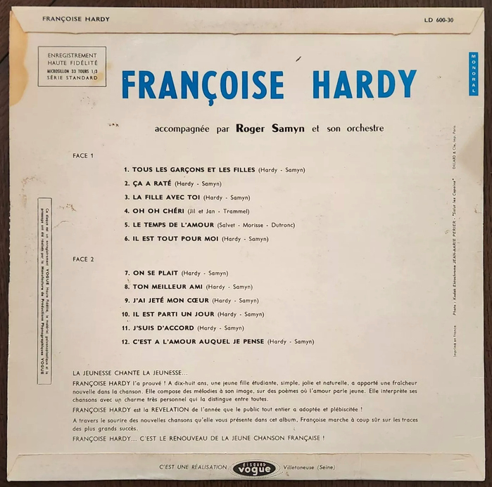 The design of the back cover is more mundane, and exclusively typographic. Hardy’s name is set in blue caps from a version of  schmalfett [edit: namely ’s ]. The line below features two weights of . The track list and liner notes is in  with its Futura-like alternates for a, g etc.
