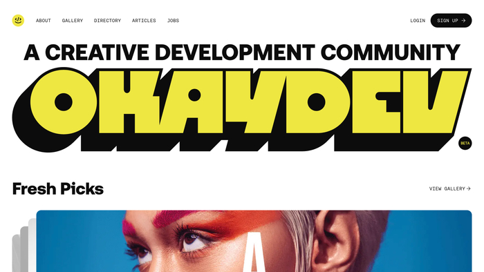 The okaydev.co homepage with interactive logo.