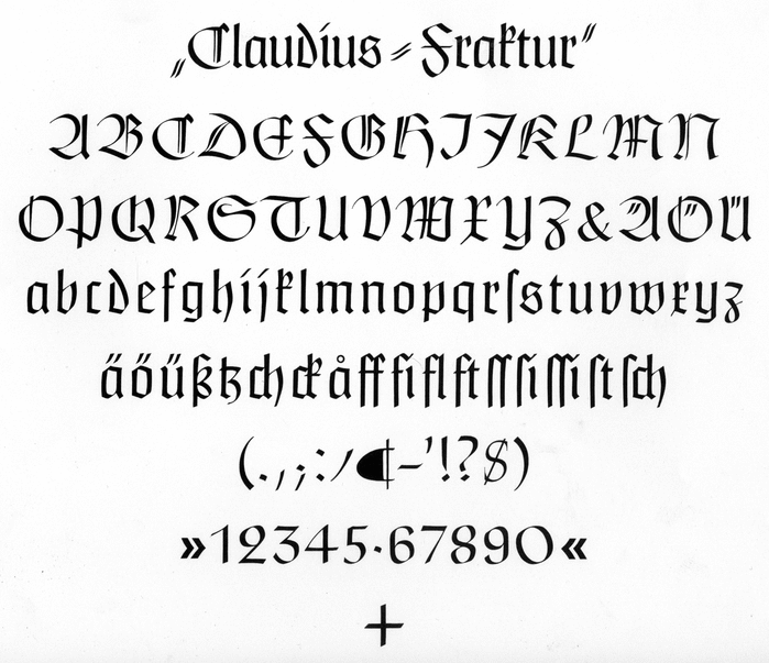 Preliminary proof for a specimen of Claudius-Fraktur, showing the full character set of the metal foundry type in the 40 pt (Didot) size, handset by Farida Sunada of Ophelia Press and printed by Gerald Lange of the Bieler Press