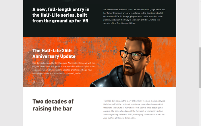 Homepage, advertising Half-Life Alyx and the 25th Anniversary Update for the original Half-Life