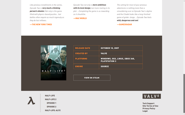 The Half-Life 2 Episode 2 page at the bottom, showcasing basic technical details of the game and quotes.